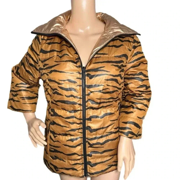 CHICOS ZENERGY Reversible Puffer Jacket Metallic Pink Animal Print Ladys Medium - Picture 2 of 11